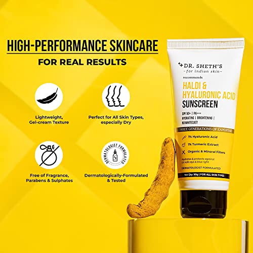 Dr. Sheth's Haldi & Hyaluronic Acid Sunscreen with 1% Hyaluronic Acid | Spf 50+ Pa+++ | Protects Against UVA/B & Blue Light | Hydrating & Brightening | For Men & Women | For All Skin Type | 50 g x 2