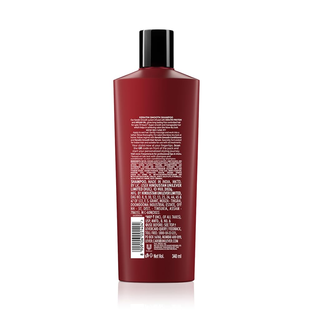 TRESemme Keratin Smooth Shampoo 340 ml|| With Keratin & Argan Oil for Straighter|| Shinier Hair - Nourishes Dry Hair & Controls Frizz|| For Men & Women (Pack of 2)