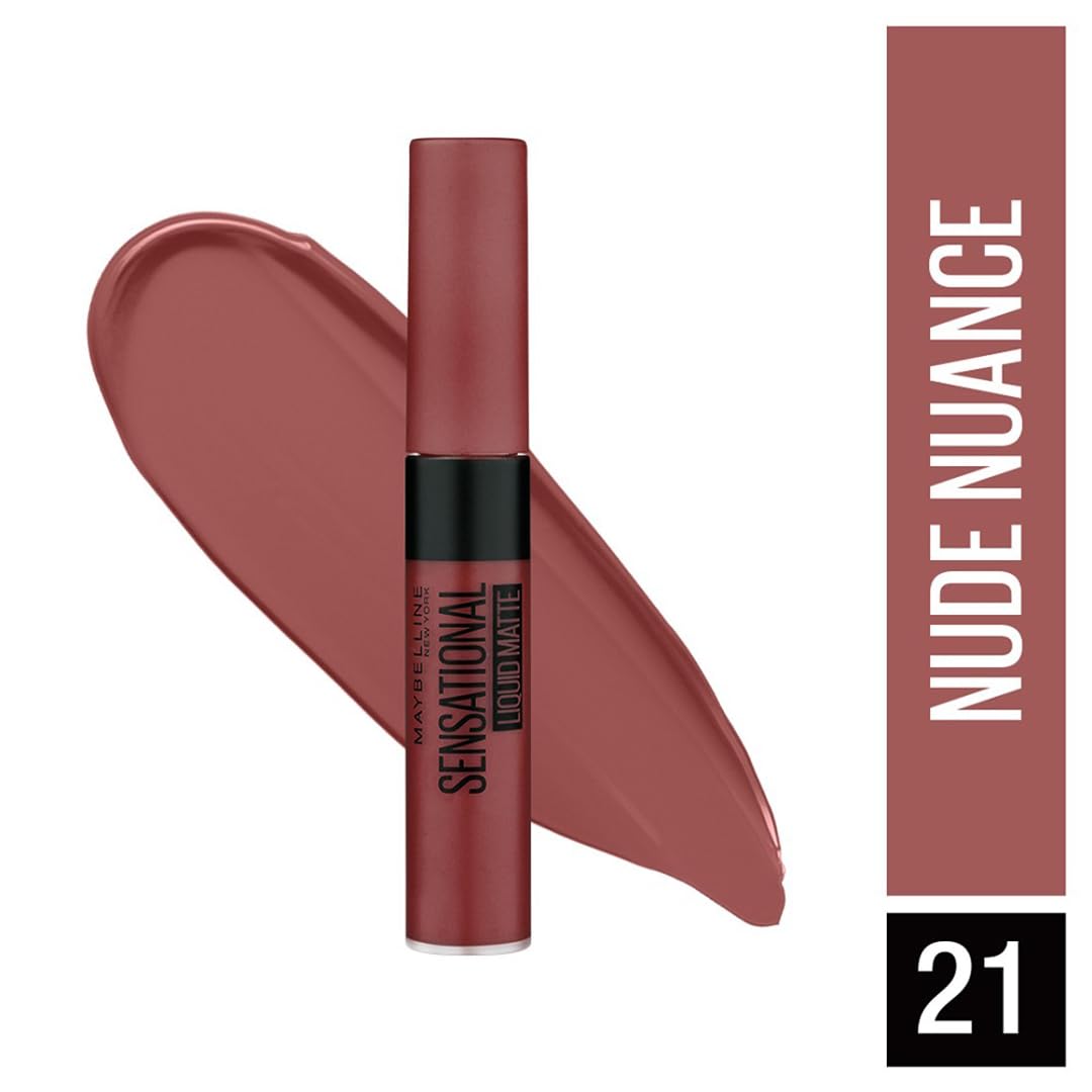 Maybelline New York Lipstick, Matte Finish, Non-Sticky and Non-Drying, Sensational Liquid Matte, 21 Nude Nuance, 7ml