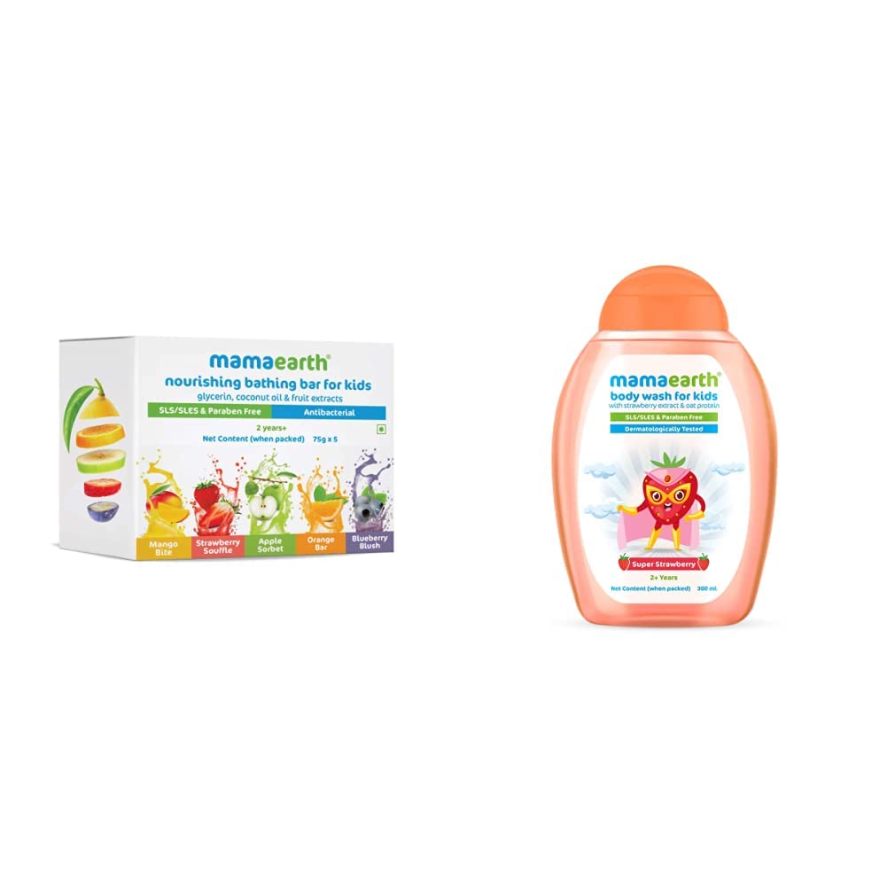 Mamaearth Fruit Based Nourishing Clear Bathing Bar Baby Soap With Glycerine, For Kids 75 Gram X 5 & Mamaearth Super Strawberry Body Wash for Kids with Strawberry Oat Protein – 300 ml, 1 count