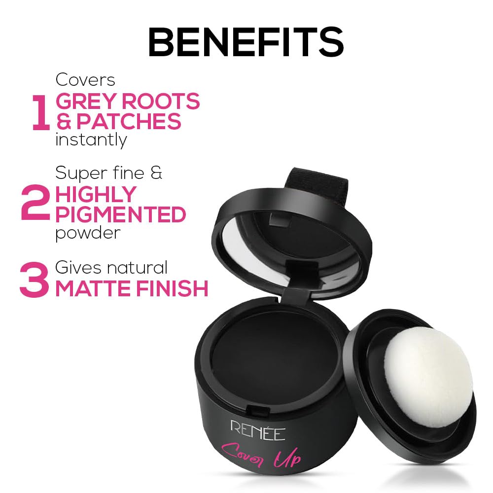RENEE Cover-Up Hair Powder- Black, Helps Cover Grey Roots & Bald Spots Instantly, Highly Pigmented, Fuller and Denser, Long-Lasting & Matte Finish, Fine Powder for Flawless Application, 4gm