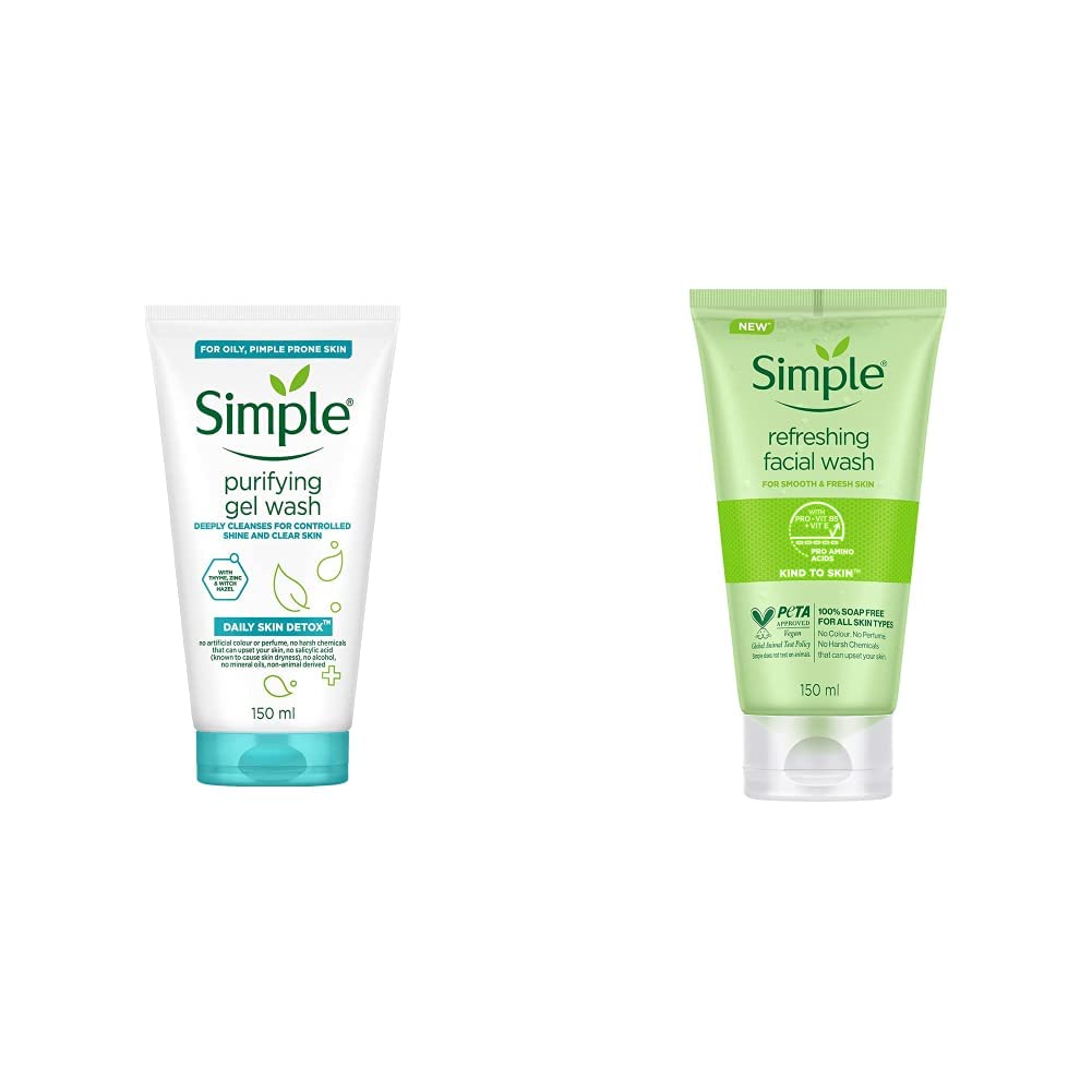 Simple Daily Skin Detox Purifying Gel Facial Wash, 150 ml & Simple Kind To Skin Refreshing Facial Wash 150 Ml