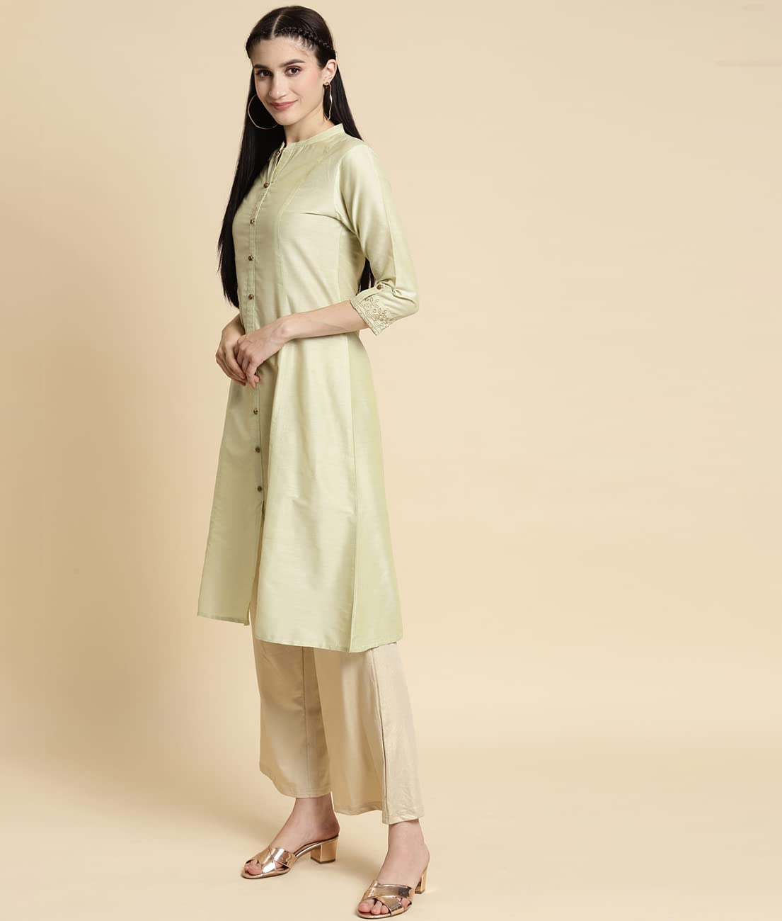 rangita Women Solid Embroidered Calf Length A Line Kurti with Sleeves Tabs