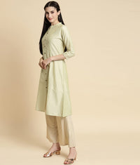 rangita Women Solid Embroidered Calf Length A Line Kurti with Sleeves Tabs