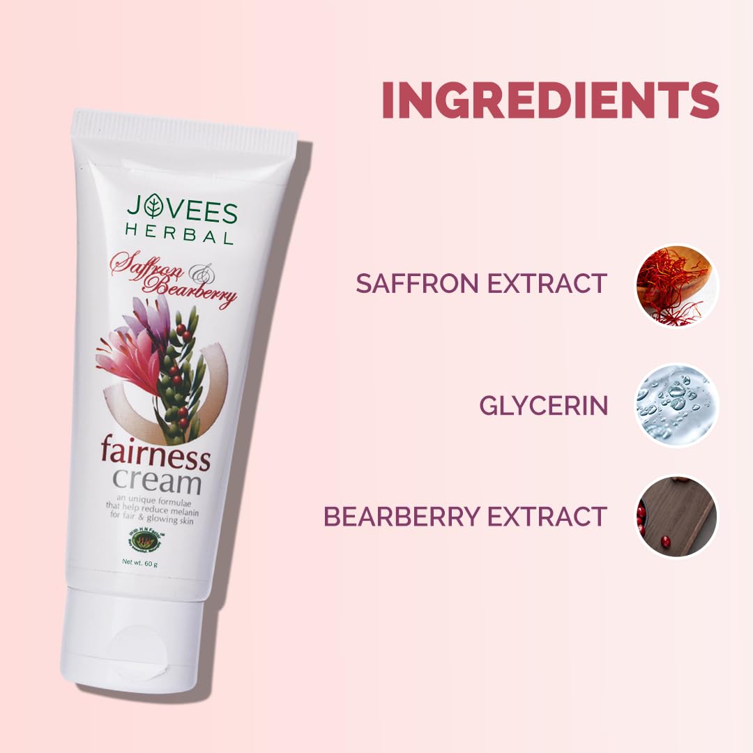 Jovees Herbal Saffron & Bearberry Fairness Face Cream | For Women/Men | Bright, Even Toned and Glowing Skin | UVA/UVB Protection | Paraben and Alcohol Free | 60GM