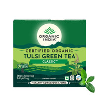 A TATA Product - Organic India Tulsi Green Tea Classic - 50 Tea Bags, Stress Relieving, Uplifts Mood, Rich in Antioxidants, Blend of Rama, Krishna & Vana Tulsi, Certified Organic