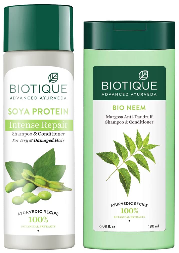 Biotique Bio Neem Margosa Anti Dandruff Shampoo and Conditioner, 180ml & Biotique Bio Soya Protein Fresh Nourishing Shampoo, 190ml