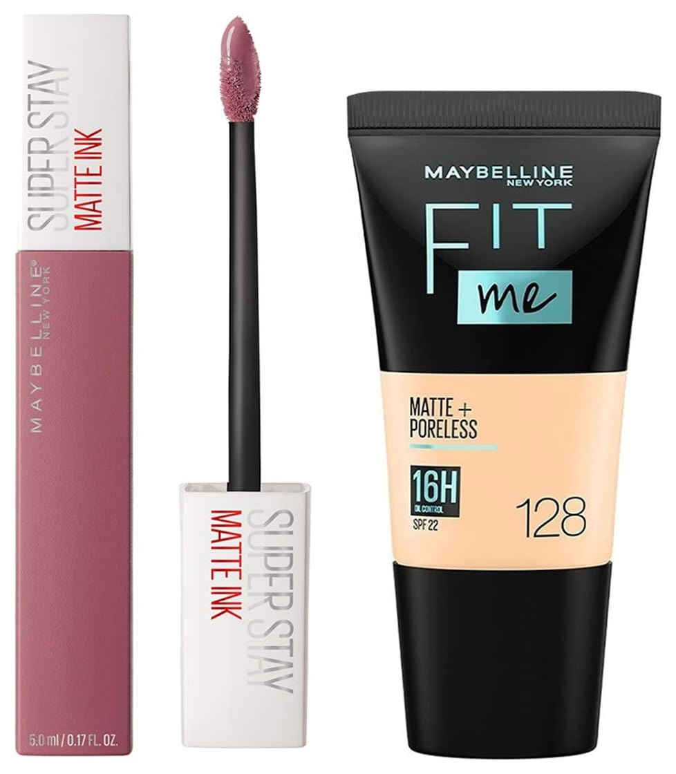 Maybelline New York Super Stay Matte Ink Liquid Lipstick, 15 Lover, 5ml and Maybelline New York Fit Me Matte+Poreless Liquid Foundation Tube, 128 Warm Nude, 18ml