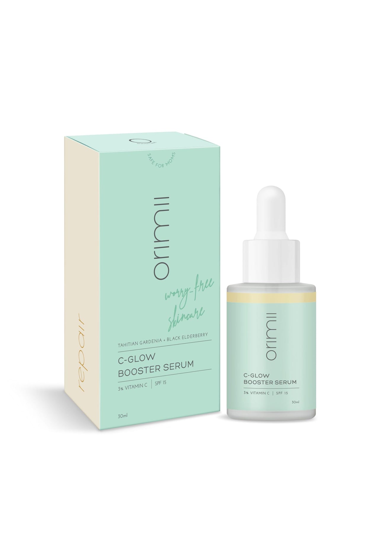 Orimii C-Glow Booster Serum - 3% Vitamin C - SPF 15 - Pregnancy-Safe Brightening & Hydrating Face Serum with Elderberry & Tahitian Gardenia for Even Skin Tone & Daily Sun Protection - 30ml