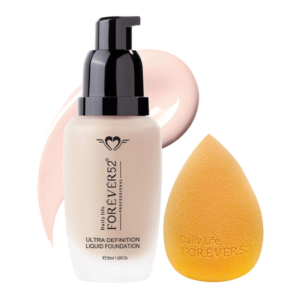 Daily Life Forever52 Ultra Definition Liquid Foundation + Skin-Like Blend Sponge Combo | 24H High Coverage Satin Finish + Seamless Blending Tool | Lightweight, Long-Wear & Ideal for Indian Skin Tones (Fair__Cream Pie-09 Makeup Sponge)