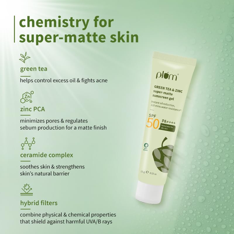 Plum Green Tea & Zinc Super-Matte Gel Sunscreen SPF 50 PA ++++ | Formulated for Oily, Combination and Acne Prone Skin | Protects & Controls Oil | Lightweight, No White Cast & Non-Sticky | Vegan | 15g
