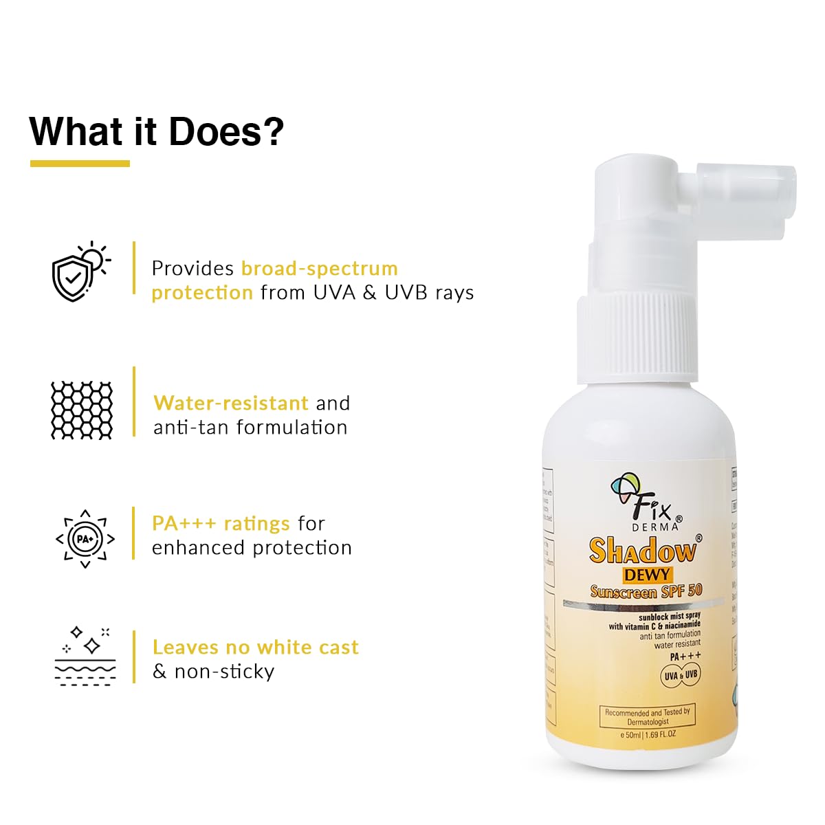 FIXDERMA Shadow Dewy Sunscreen Spf 50 Spray Pa+++, Prevents Tanning, Vitamin C Sunscreen And Niacinamide Sunscreen, Sun Screen Protector Spf 50, Pa+++ For Uva & Uvb Protection - 50Ml - All