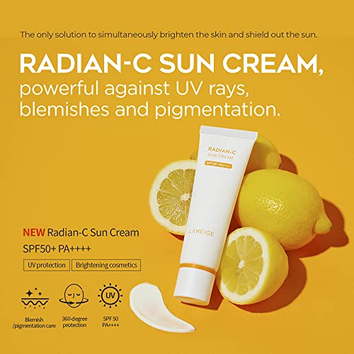LANEIGE Radian-C SunCream SPF 50+ | Broad Spectrum UV PA++++ | Vitamin C Brightening Sunscreen | Light & Non-Greasy | No White Cast | Water Resistant | Suitable for All Skin | For Men & Women | 50ml