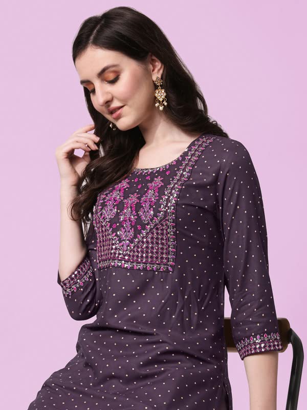 SOURBH Women's  Rayon Sequins Embroidered and Polka Dots Printed Straight Fit Kurti Only 2XL Purple