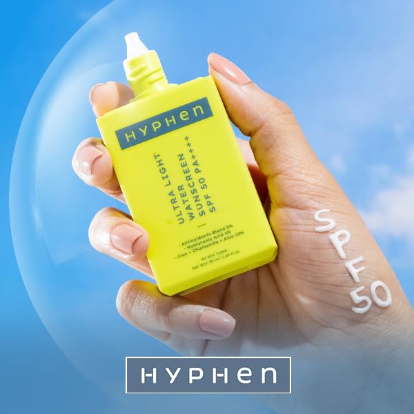 Hyphen 1% Hyaluronic Ultra Light Water Sunscreen SPF 50 PA ++++ | Broad Spectrum & Blue Light Protection | No White Cast | 5% Antioxidants Niacinamide Vitamin E | Korean Sun cream for Men Women | 50ml