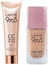 Lakmé 9 To 5 Primer + Matte Perfect Cover Liquid Full Coverage Foundation For Oily Skin & 9 To 5 Cc Cream Mini Combo, Pack Of 1