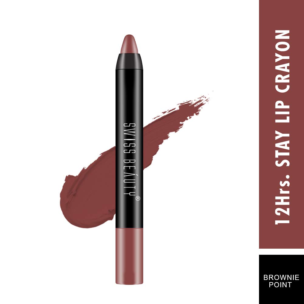 Swiss Beauty 12 Hrs. Stay Matte Lip Crayon, Brownie Point, 3g - Long Lasting, Waterproof, Super Stay, Matte Finish Lip Crayon, Long Wear, Crayon Lipstick