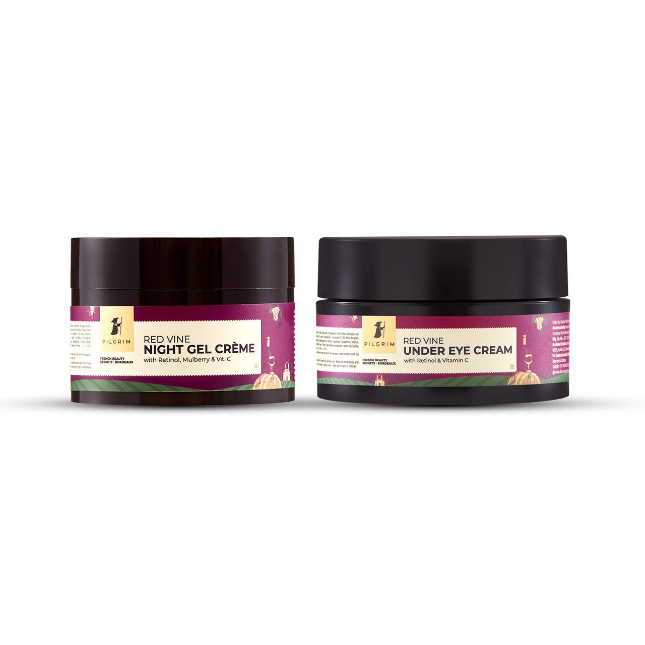 Pilgrim Men & Women Nourish & Repair Vino Night Pamper Range|Reduces Dark Circles,Eye-Puffiness|Nourish & Repair|Red Vine Night Cream Gel 50G,Under Eye Cream 30G|Normal,Dry,Oily Skin|&|Vegan|