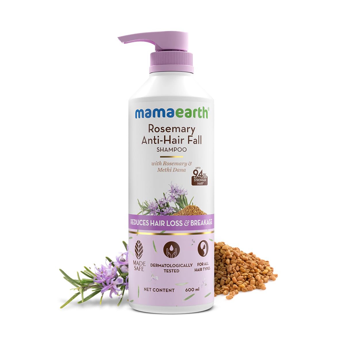 Mamaearth Rosemary Anti-Hair Fall Shampoo with Rosemary & Methi Dana for Reducing hair Loss & Breakage - 600 ml | Up to 94% Stronger Hair | Up to 93% Less Fall | Sulphate Free Shampoo | For Men and Women