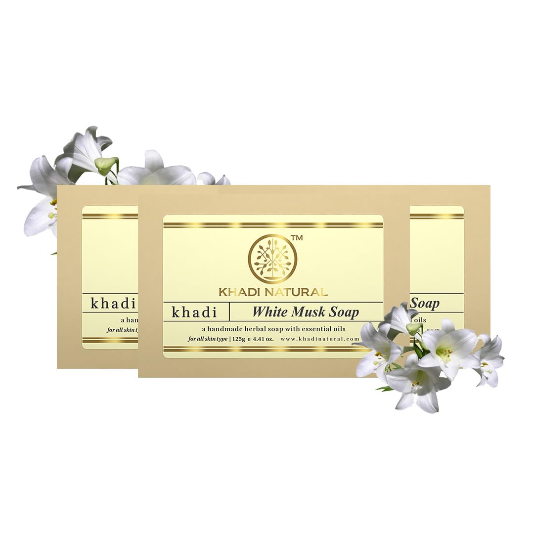 Khadi Natural Herbal Musk Soap (White)| Luxurious Herbal Soap for Silky Smooth Skin| Enriched with Natural Ingredients| Ideal for Daily Use| Pack of 3 (125 * 3, 375gm)