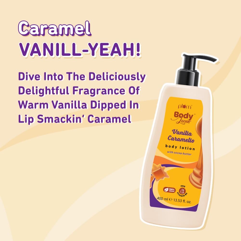 Plum BodyLovin' Vanilla Caramello Body Lotion | Cocoa Butter & Vitamin B5 for Deep Moisturization | Non-Greasy | Soft & Glowing Skin | for Dry to Very Dry Skin | Warm & Cozy Vanilla Fragrance - 400ml