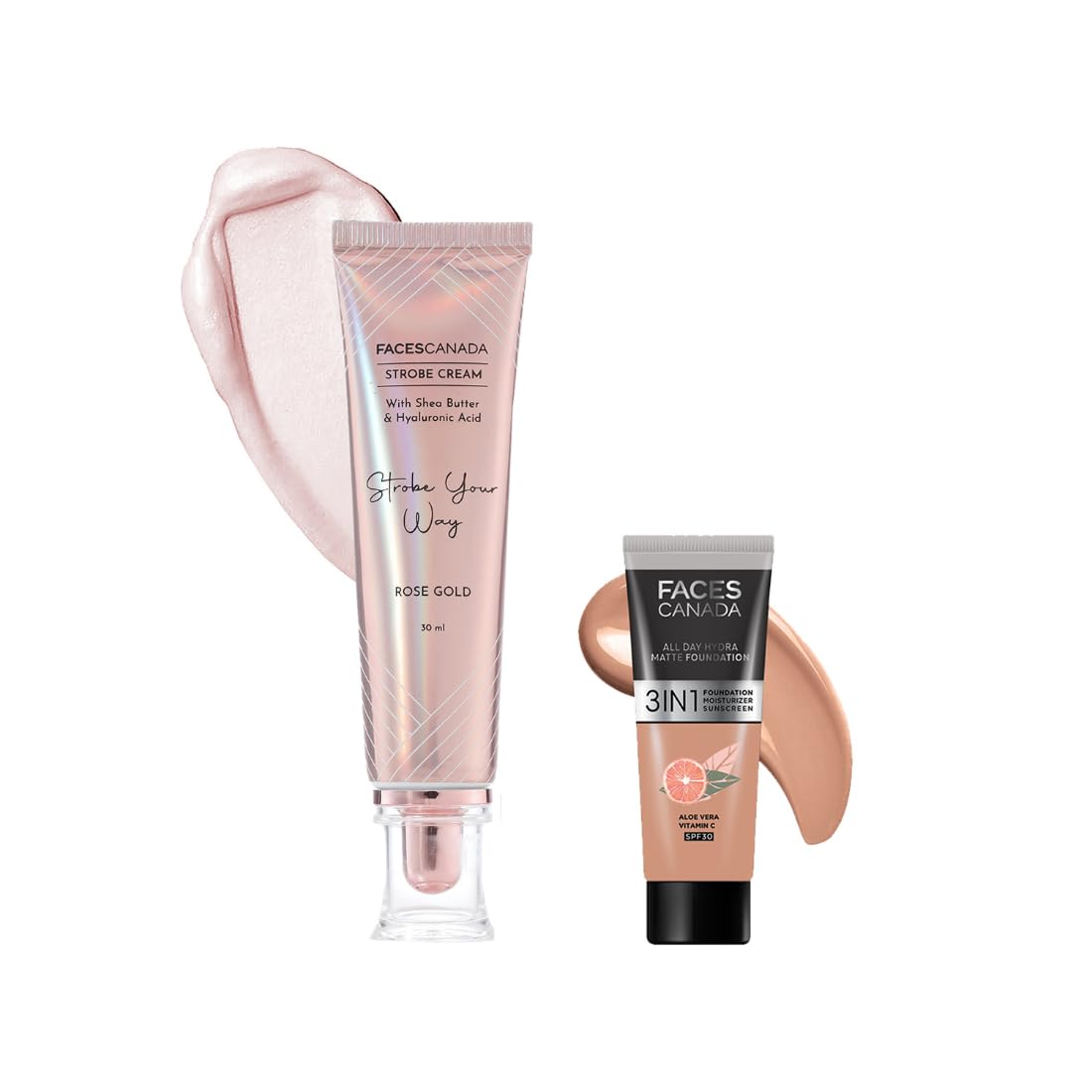 FACESCANADA Rose Glow Kit Medium Coverage Rose Gold Strobe Cream (30Ml) + Caramel Natural All Day Hydra Matte Mini Foundation (15Ml) Makeup Kit For Women (Combo Pack Of 2)