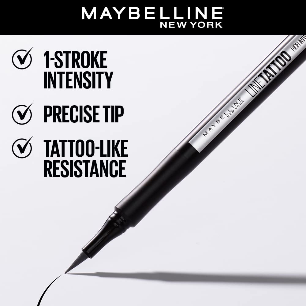 Maybelline New York Pencil Matte Finish Eyeliner, Intense Eyeliner, Long-lasting, Felt-tip Applicator, Line Tattoo High Impact Liner, Black (Pack of 2)