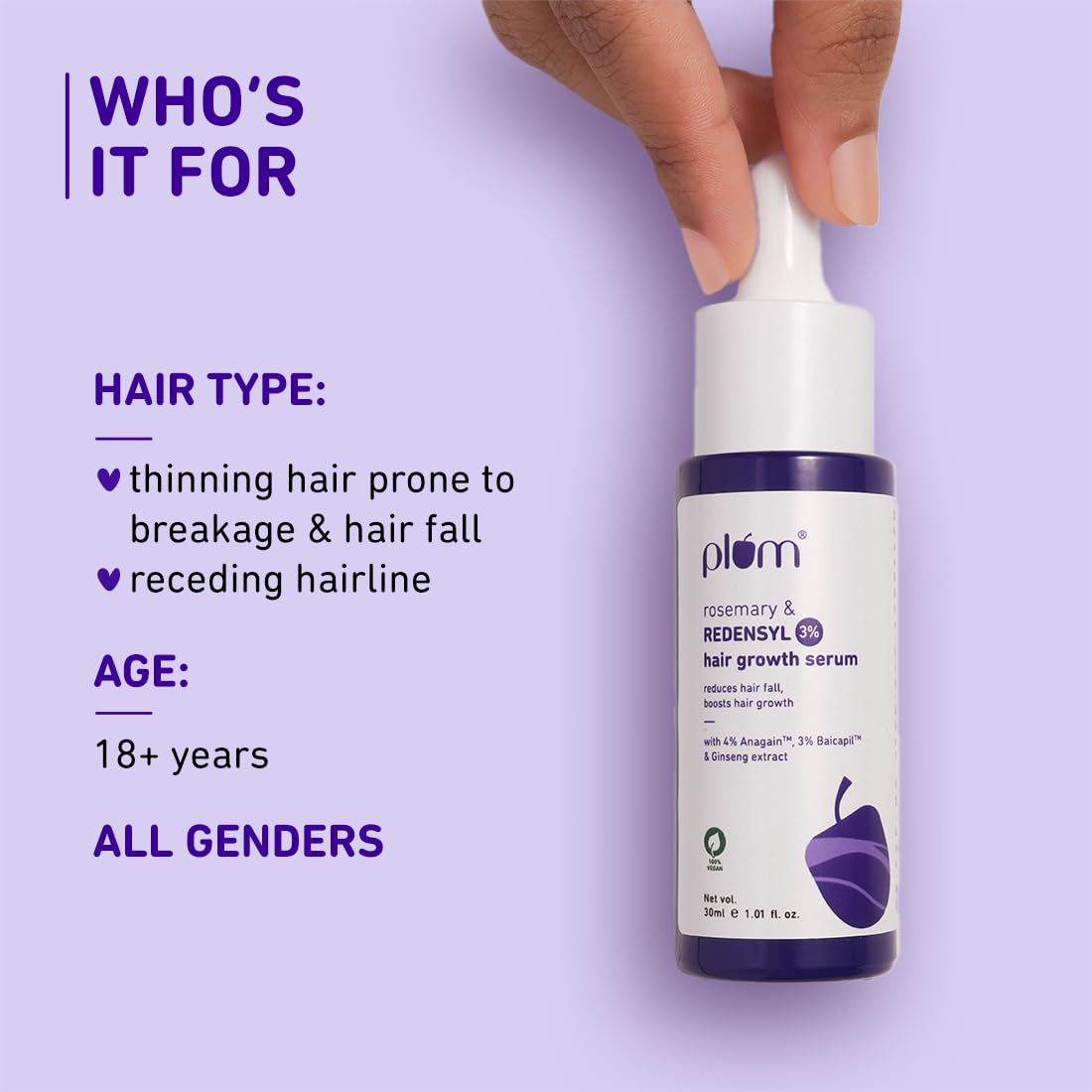 Plum Hair Growth Serum | 3% Redensyl + 4% Anagain + 3% Baicapil | Rosemary & Ginseng Extract | Anti-Hair Fall & Hair Density Booster | For Men & Women, Non-Greasy Formula | 30ml