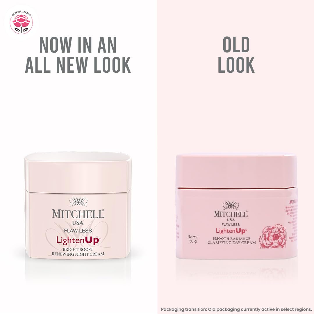 Mitchell USA Flawless Lighten Up Bright Boost Renewing Night Cream – 50g with Peony Flower Extracts, Seaweed Extracts & Niacinamide | Korean-inspired Night Cream | Non-Greasy Moisturizer for Deep Hydration, Anti-Aging & Glowing Skin | Hydrating & Glowing