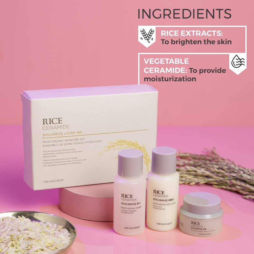 The Face Shop Rice&Ceramide Moisturizing Skincare And Cream Set, 75 Ml (Pack Of 3), Pink