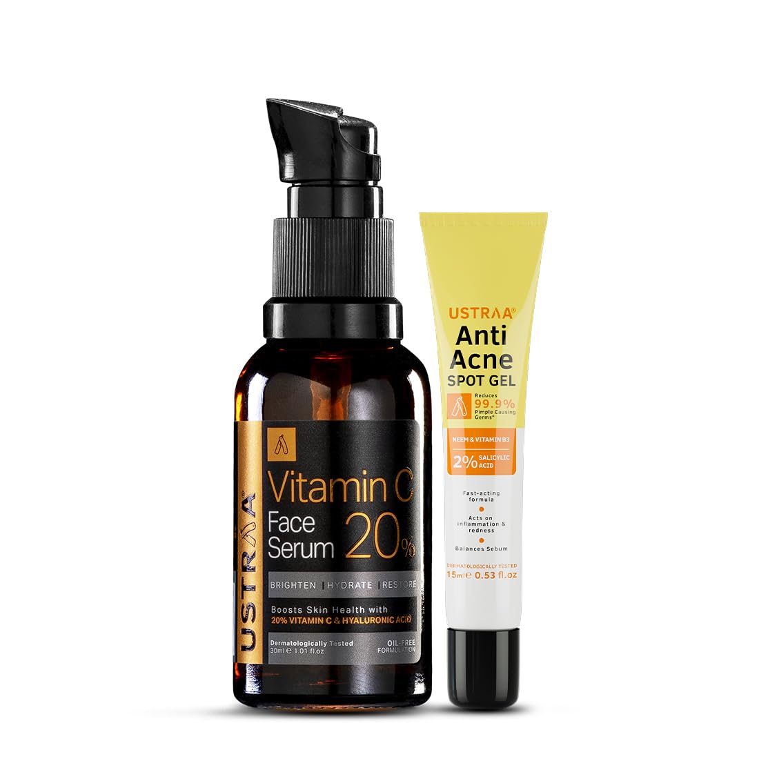 Ustraa 20% Vitamin C Face Serum - 30ml | 20% Vitamin C in Pure form | Anti-Aging, Brightening & Anti Acne Spot Gel- 15ml | Reduces 99.9% Pimple-Causing Germs, With 2% Salicylic Acid, Neem & Vitamin B3