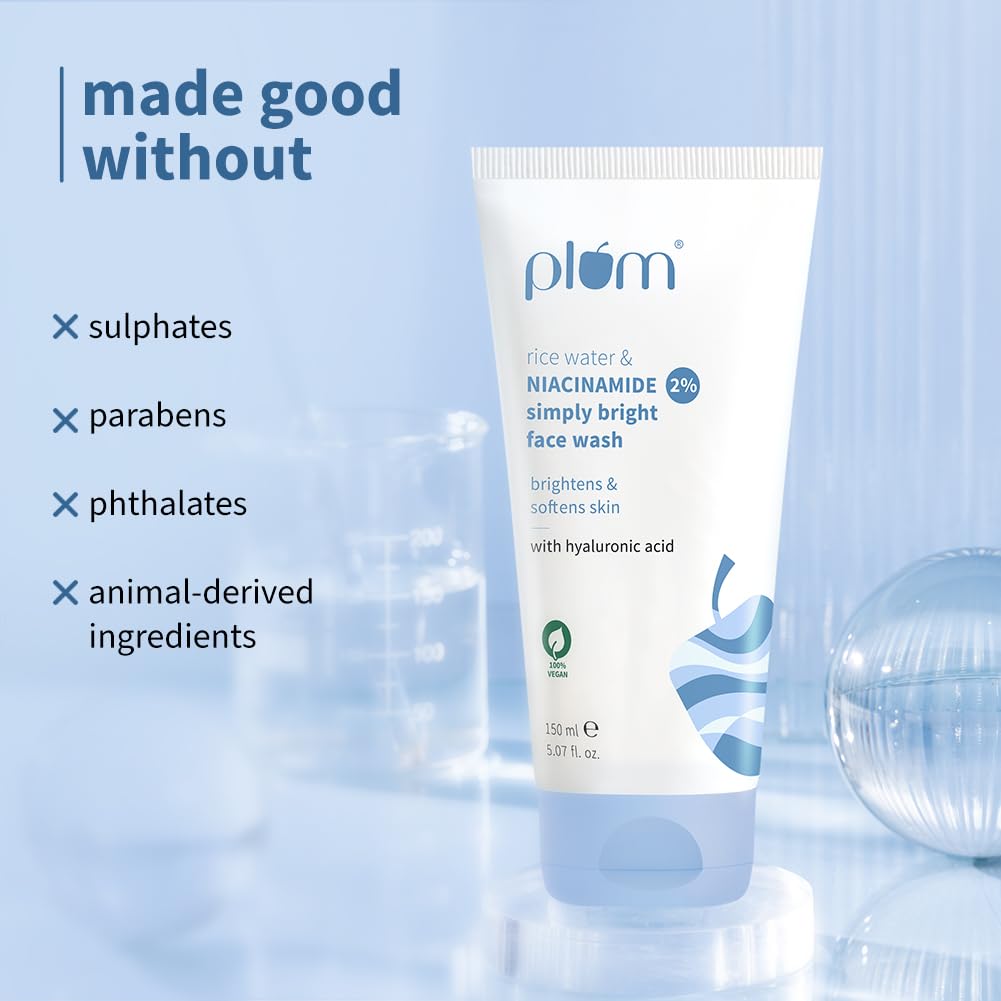 Plum Simply Bright 2% Niacinamide Face Wash with Rice Water | Brightens, Softens & Smoothens Skin | for Oily, Acne Prone, Dry, Normal, Sensitive Skin | Gentle & Non-Drying | for Men & Women | 150ml