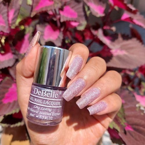 DeBelle Gel Nail Polish Ophelia (Lavender with Holo Glitter Sugar Finish Nail Paint)|Non UV - Gel Finish |Chip Resistant | Seaweed Enriched Formula| Long Lasting|Cruelty and Toxic Free| 8ml