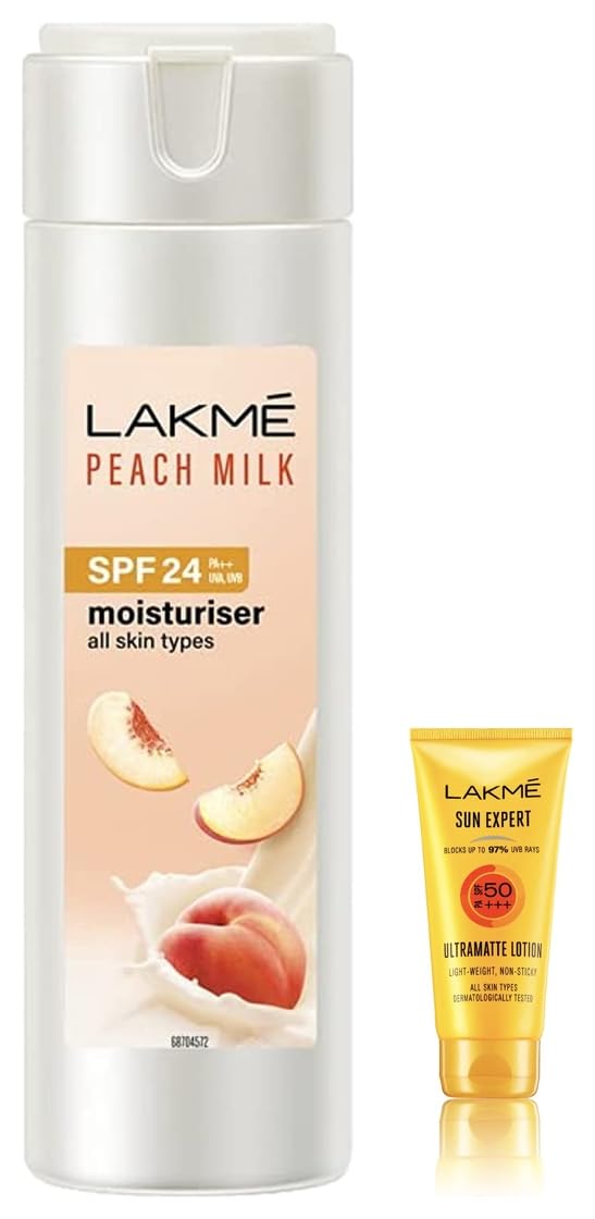 Lakmé Sun Expert Spf 50 Pa+++ Ultra Matte Lotion For All Skin Types, 50 Ml And Peach Milk Spf 24 Pa Sunscreen Moisturiser, 120 Ml, 2 Count