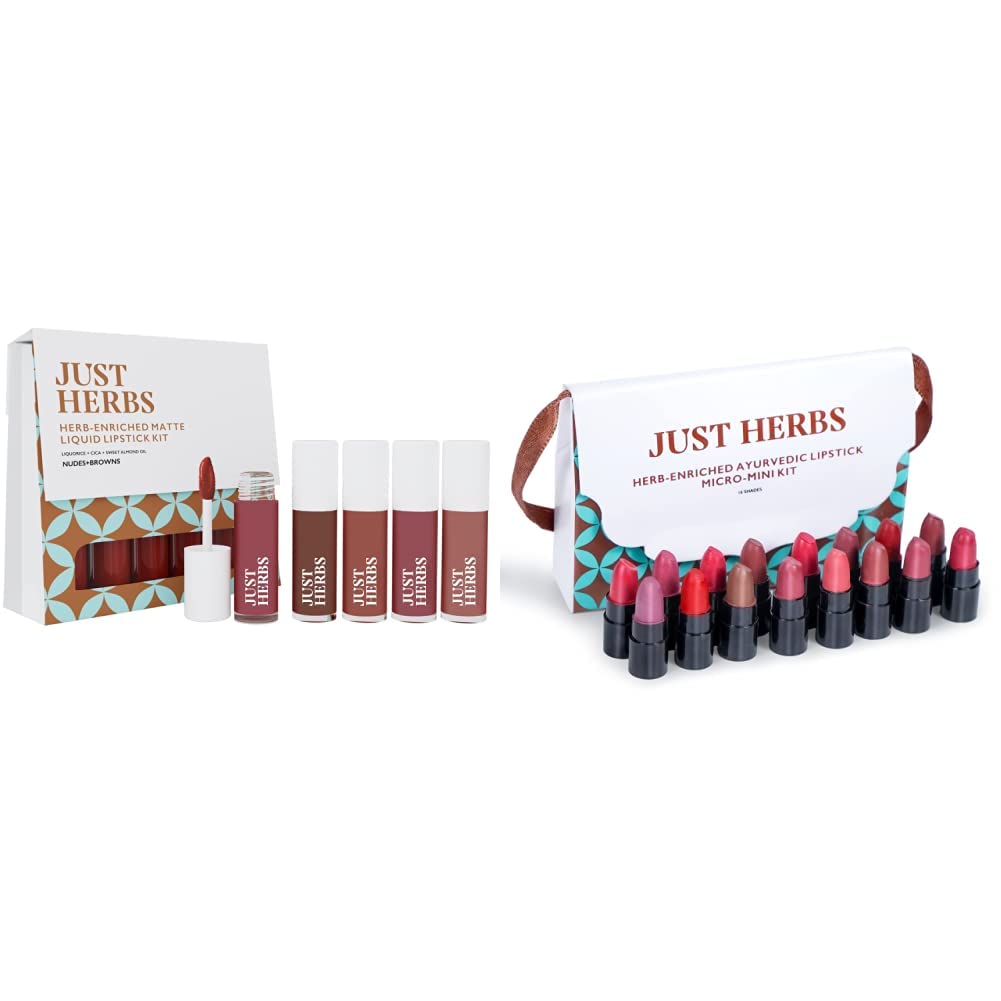Just Herbs Ayurvedic Liquid Lipstick Kit Set of 5 with Hydrating & Lightweight Lip Colours (Nudes & Browns) & Just Herbs Ayurvedic Creamy Matte Lipstick Set38gm (Pack of 16)