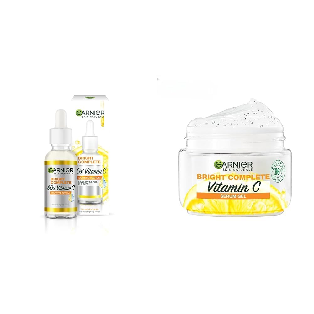 Garnier Skin Naturals, Face Serum, Bright Complete Vitamin C Booster, 30 ml & Garnier Brightening Moisturiser, Serum Gel, For Radiant skin, Bright Complete Vitamin C, 45g