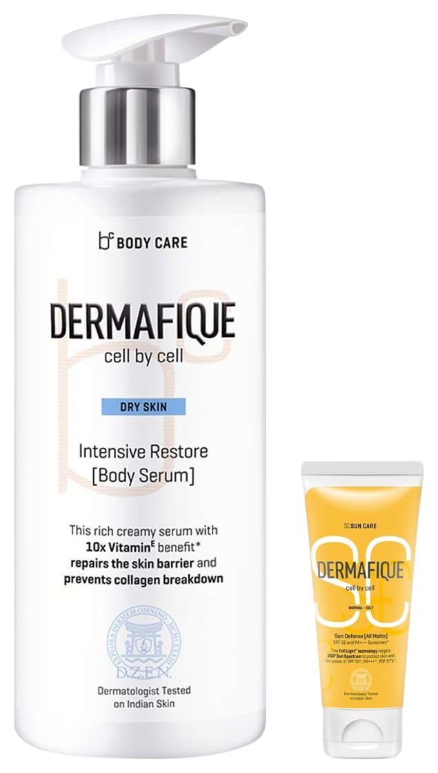 Dermafique Sun Defense All Matte SPF 50 PA +++ Sunscreen 50g for Normal Intensive Restore Body Lotion Serum with Vitamin E – 300ml Body Lotion