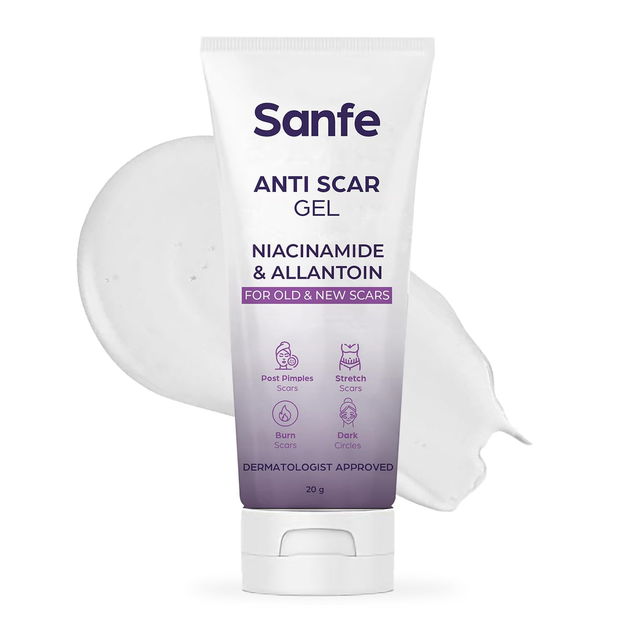 Sanfe Anti Scar Gel - Niacinamide & Allantoin | Acne/Stretch/Burn scars/Dark circles removal cream | For old & new scars-20 g