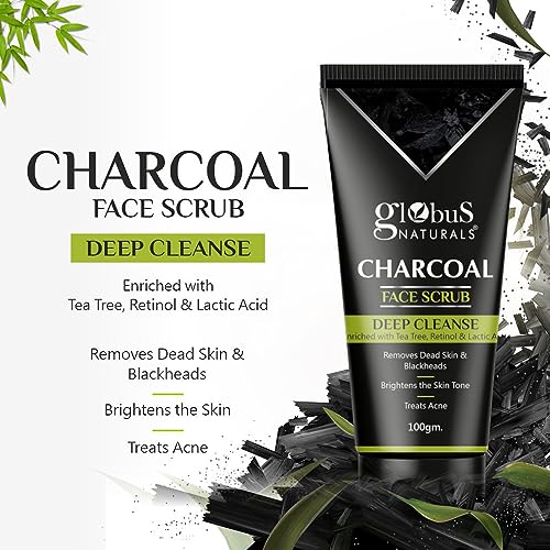 Globus Naturals Charcoal Face Scrub Enriched with Tea Tree, Retinol & Lactic Acid for Exfoliation, Acne & Blackhead Removal, 100 gm