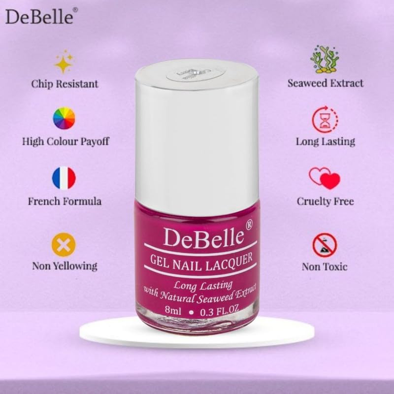 DeBelle Gel Nail Lacquer Camellia Berry(Dark Pink Nail Paint) | Long Lasting, Non UV Gel Finish | Seaweed Enriched & Chip Resistant, 8ml