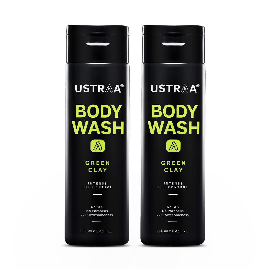 Ustraa Body Wash-Green Clay - 2 x 250 ml - Intense Oil Control - Removes Excess Oil, No post-shower Dryness, Intense Foaming without Sulphates (Set of 2)