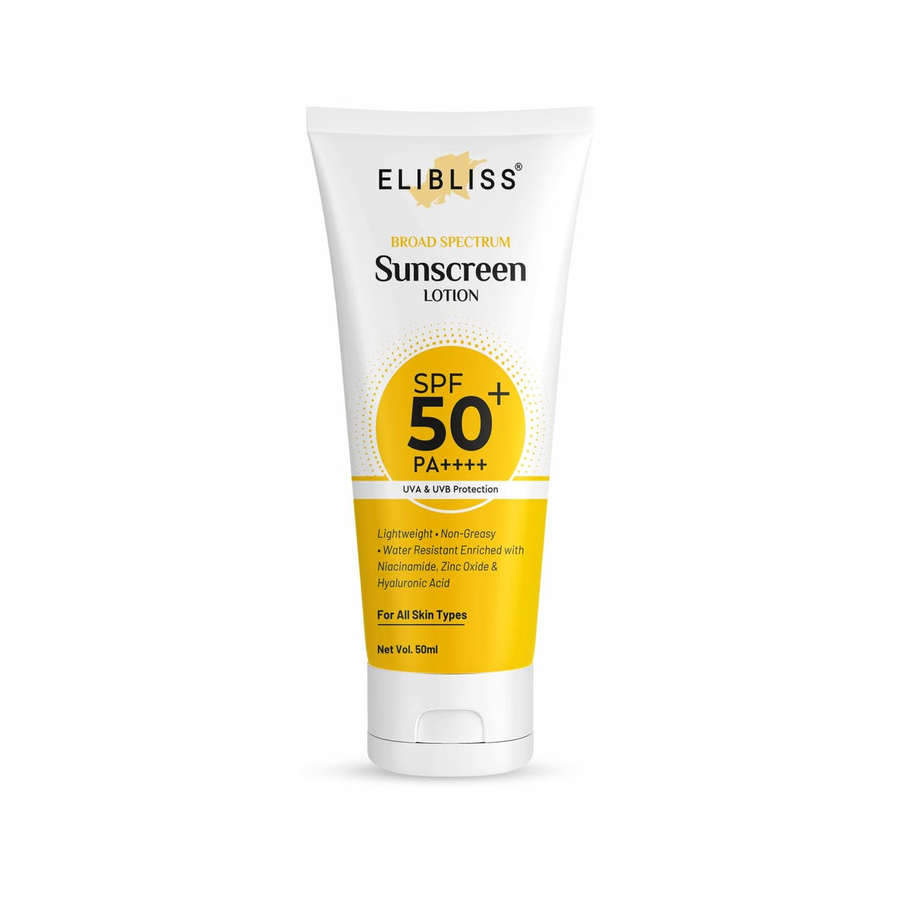 Elibliss Eco Glow Sunscreen Lotion SPF 50+ PA+++ | Broad Spectrum UVA & UVB Protection with Vitamin C & Niacinamide | Non-Greasy, All Skin Types - 50ml