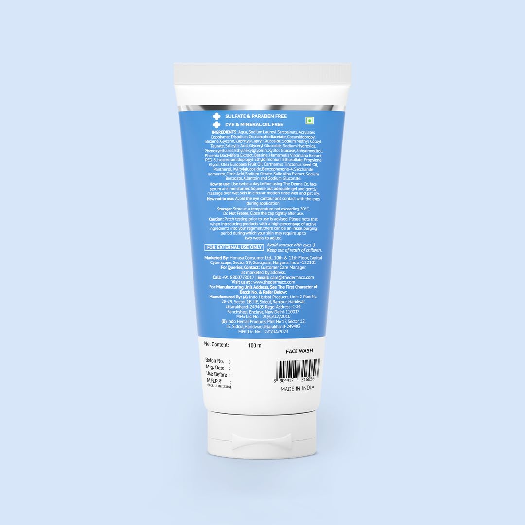 The Derma Co. 2% Salicylic Acid Gel Face Wash | For Oily Skin | With Salicylic Acid & Witch Hazel | Treats Active Acne| Unclog Pores | Controls Oil - 100ml