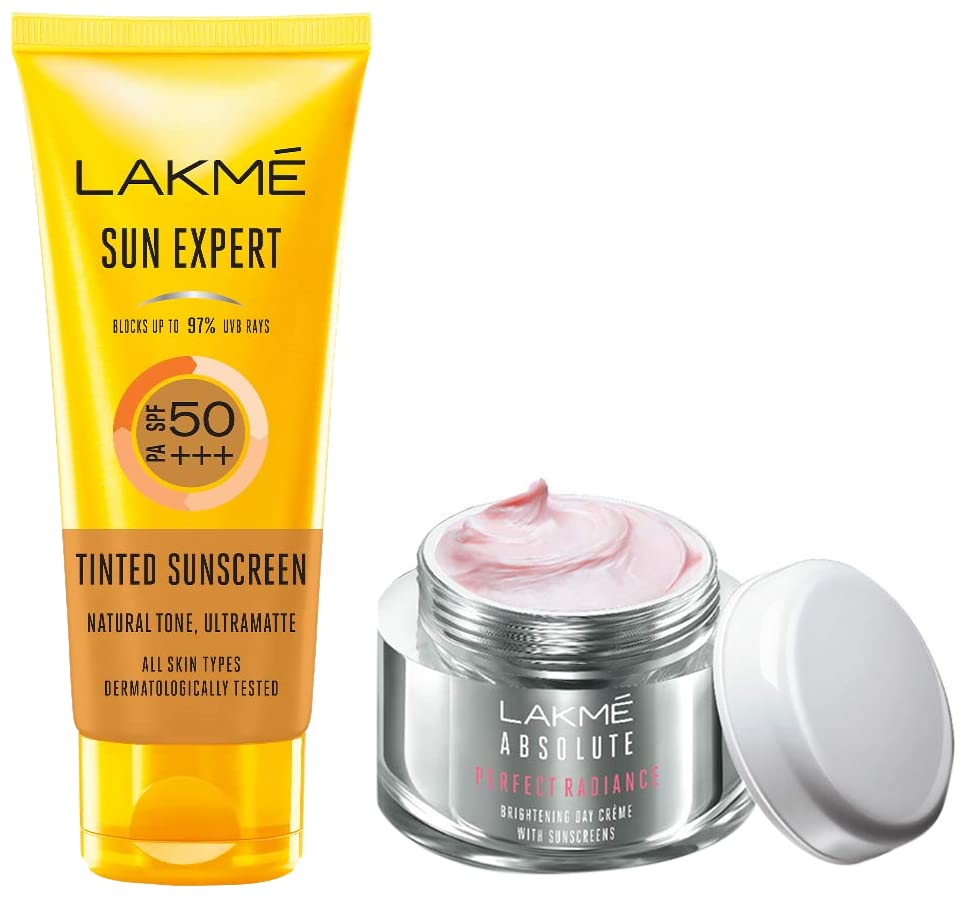 Lakmé Sun Expert Tinted Sunscreen For Dry Skin Type 50 Spf, 100 G & Absolute Perfect Radiance Brightening Day Crème (Cream) With Niacinamide & Micro Crystals 50G Pack of 2