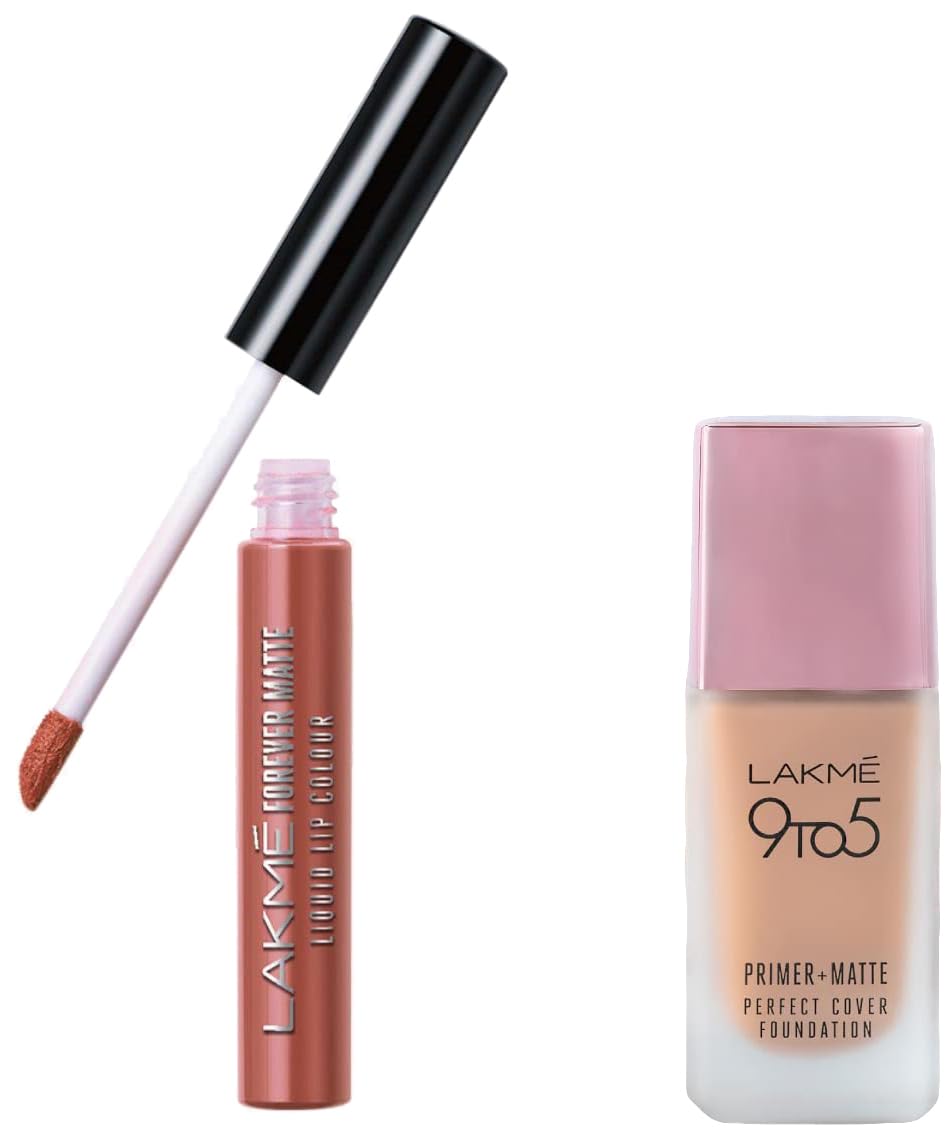 Lakmé 9 To 5 Primer + Matte Perfect Cover Liquid Foundation & Lakmé Forever Matte Liquid Lip Colour Combo