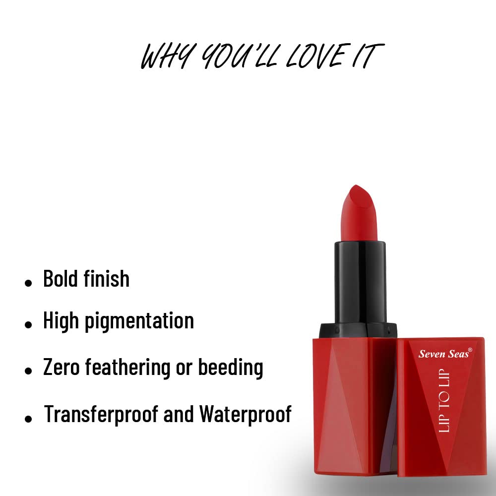 Seven Seas Lip To Lip Matte Full Coverage Long Lasting Lipstick | Smooth Application | Transferproof & Smudge Proof | Highly Pigemented Lipstick for Women (Matte Red)