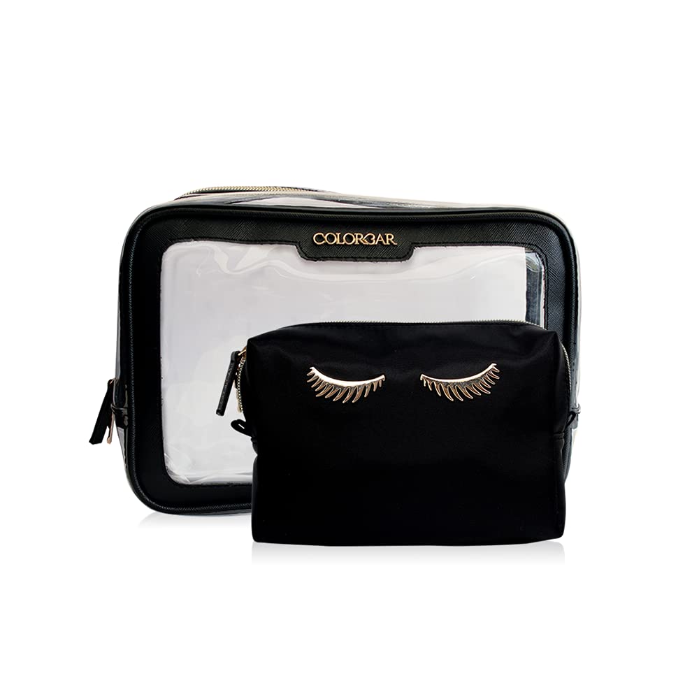 Colorbar LIPS & LASHES BOX POUCH(SET OF TWO) - BLACK II 1 Large Main Compartment + Small Black Pouch II Metallic Embellishments and Zipper II PVC + Polyester material