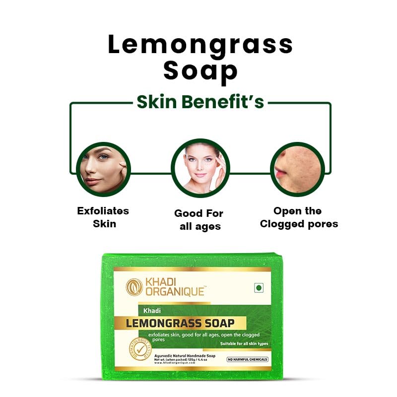 Khadi Organique Natural Herbal Lemongrass Soap Pack of 3 (100% Handmade & Organic Soap)