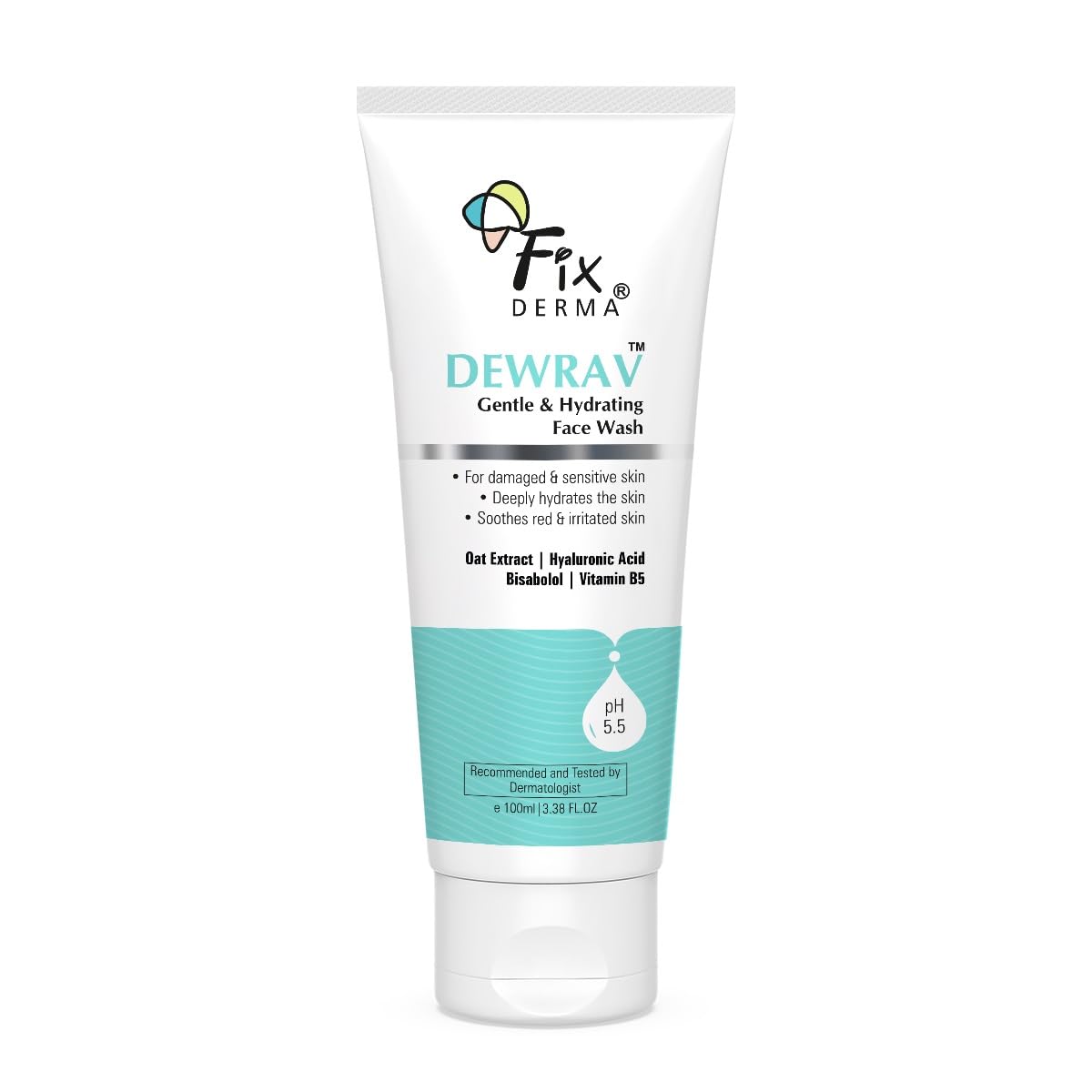 Fixderma Dewrav Gentle & Hydrating Face Wash with 6% Oats Extract, Hyaluronic Acid, Vitamin B5, Bisabolol | Soothes Irritated Skin | Provides Hydration | Face Cleanser For Sensitive, Dry to Normal Skin, 100Ml