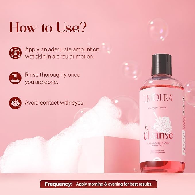 Uniqura 1% Salicylic Acid Body Wash Value Pack for Body Acne,Bumpy and Strawberry Skin,Helps To Cleanses and Smoothens Uneven Texture,Prevents Dry & Rough Skin, Shower Gel For Men & Women (300ml Each)